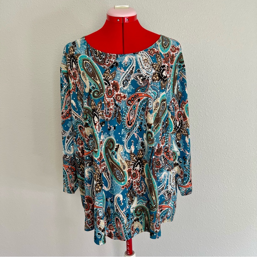 Lavish Teal and Red Paisley Blouse with Rhinestones Size 2XL